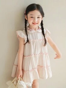 Girls' Summer New Frill Collar Embroidered Loose Dress, Fashion Children Dress - Baby Pink - View 4