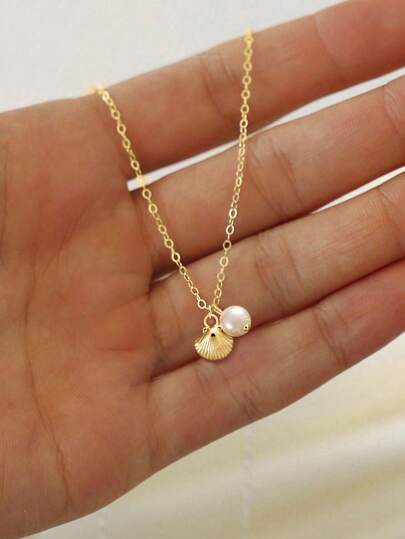 1pc 14k Gold/Silver Plated Minimalist Shell & Pearl Beach Necklace, Suitable For Women/Girls, Great Gift Idea For Daily Wear