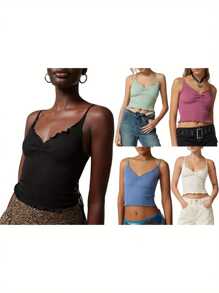 Women's Ribbed Crop Cami Tops Sleeveless Spaghetti Strap Lettuce Trim Camisole Ruched Tank Tops - Black - View 3