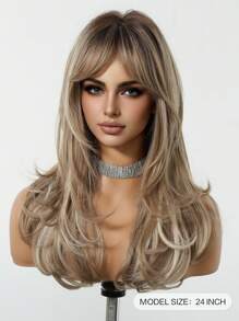 24 Inch Long Wavy Wigs With Bangs Dark Roots Brown Wigs For Women Brown Ombre Hair With Blonde Wigs,Heat-Resistant Synthetic Wigs For Daily Party Cosplay Wigs(Pay Attention To How You Wear And Care For It,Due To Lighting And Angle During Photography, The Actual Product May Have Slight Color Differences Compared To The Images.)