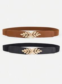 3pcs Women's Leaf Decorated Metal Buckle Elastic Waist Belt, Adjustable, Suitable For Plus Size Skirt Summer, School Fall, Autumn, Halloween - Multicolor - View 11