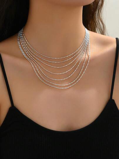1pc Fashion Multi-Layer Beaded Chain Necklace, Simple Practical Multifunctional