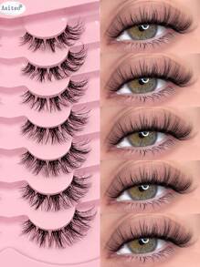 7对Asiteo蓬松轻盈猫眼假睫毛，自然迷人，日常佩戴，透明杆仿貂毛睫毛，柔软卷翘