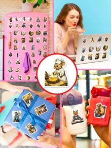 50 stuks dierenstickers, retro middeleeuwse varken kat vos konijn stickers voor scrapbooking, dagboek, laptop, bumper, skateboard, waterfles, bouwvakker, auto, verjaardagsfeestje, vinyl waterdichte stickers voor tieners volwassenen kinderen terug naar school cadeaus