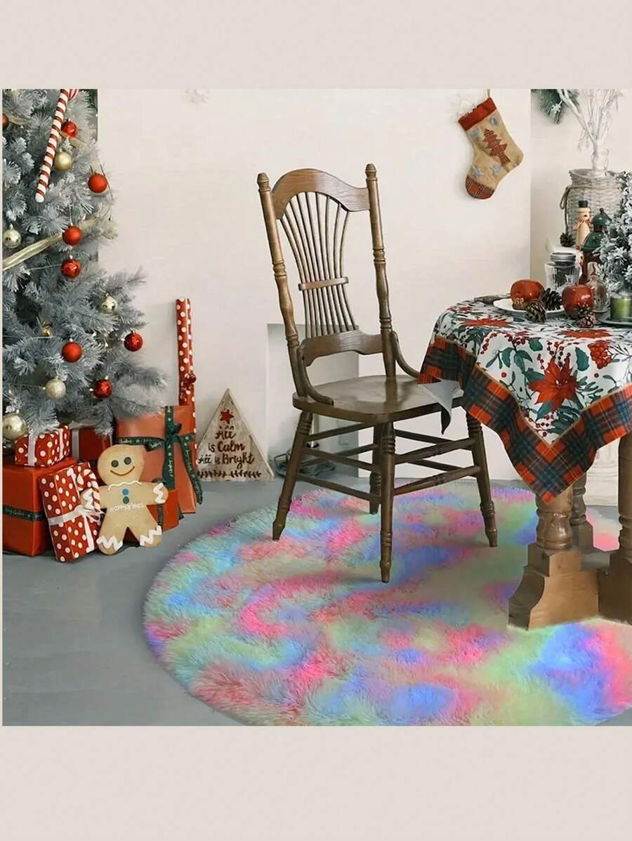 1 件圆形彩虹毛绒地毯，柔软圆形儿童游戏垫，毛绒圆形地毯，适用于卧室、客厅、儿童房、家居装饰 - 彩色 - 查看 1