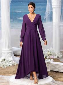 Faeriesty Mosy Elegant Plunging Neck Bishop Sleeves Chiffon Formal Dress Mother Of The Bride Dress - Purple - View 5