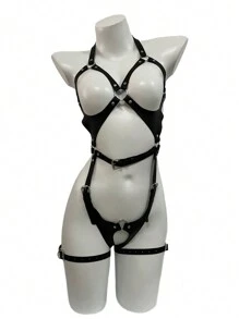 1 件套女式皮革吊带紧身衣束带性感身体束缚哥特朋克服装配饰万圣节 - 黑色 - 查看 2