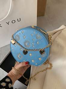 迷你刺绣圆包，链条心形装饰斜挎包，星月图案圆形钱包情人节礼物，PU复古小圆包，女士法式链条包，时尚刺绣单肩斜挎包 - 藍色 - 查看 9