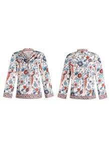 Women Casual Blouse, Long Sleeve Floral Printed Loose V-Neck Tops, Loose Wild Fashion Spring/Fall Top Shirt - 杏色 - 查看 2