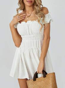 Women Flowy Pirate Dress Fairy Short Sleeve Y2k Off Shoulder Ruffle Corset Mini Dresses - trắng - Xem 9