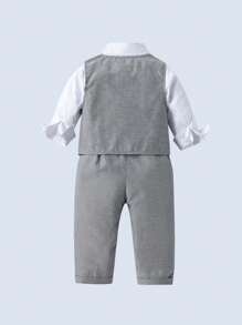 BOARNSEORL 三件套男童绅士套装 - 白色衬衫配领结、灰色马甲和裤子，时尚休闲套装，适合生日派对、婚礼、庆典等场合。 - 灰色 - 查看 5