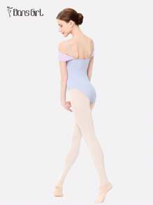 DonsGirl 1pc Women's Off Shoulder Ruched Mesh Front Ballet Leotard, Princess Style, Sweet & Bodycon - Baby Blue - View 6