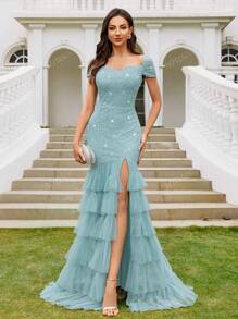 MIUSOL Sequin Lace Sweetheart Neck Cap Sleeve Mesh Layered Cake Hem Evening Party Maxi Dress, Elegant Party Dress For Women, Formal Evening Gown, Prom Dress, For Wedding Guest, Graduation, Dinner