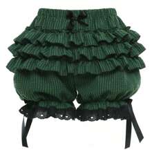 Womens Lolita Bloomers Ruffles Pumpkin Pants Bottom Shorts Lace Trim Layered High Waist Shorts Pettipants - 綠色 - 查看 1