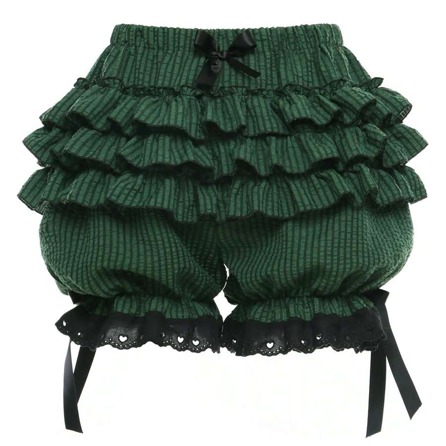 Womens Lolita Bloomers Ruffles Pumpkin Pants Bottom Shorts Lace Trim Layered High Waist Shorts Pettipants - 綠色 - 查看 1