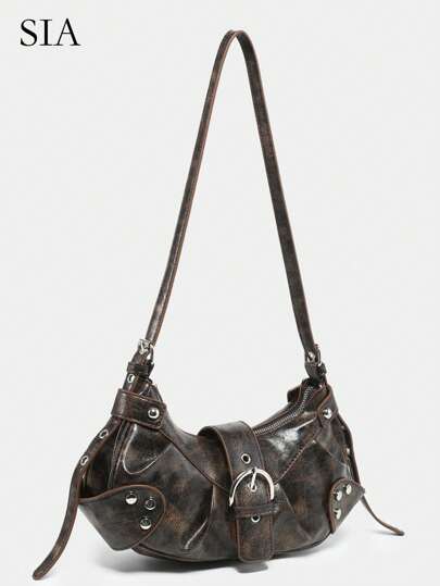 Sac bandoulière vintage léger et portable pour femmes : sac à main de moto vegan style punk et gothique Y2K avec rivets, chaînes métalliques et bandoulière réglable - accessoires pour adolescentes, étudiantes, mode de rue, concerts, festivals de musique et tenues audacieuses.