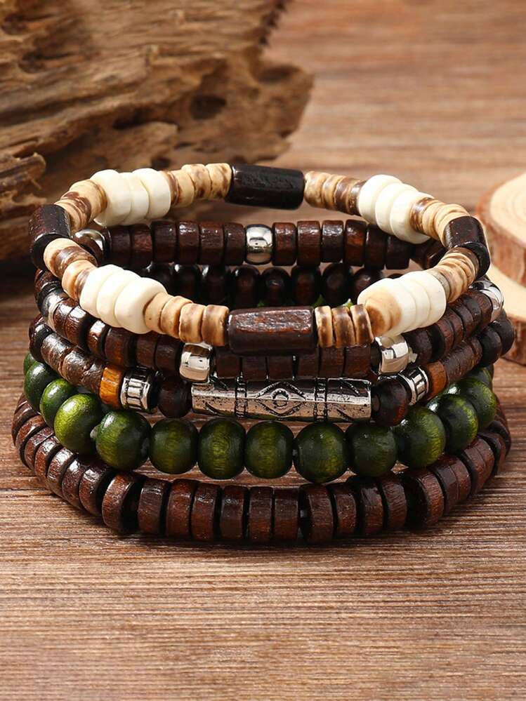 Set de 5/6 piezas de pulseras de madera con cuentas de estilo bohemio vintage para hombres, para vacaciones, citas, fiestas, San Valentín, uso diario - Estilo 1 - Añade 17