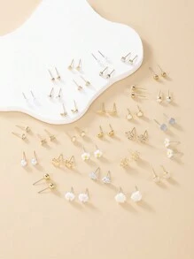 1 套/30 件时尚简约可爱花朵金属心形水钻蝴蝶结叶子设计耳钉首饰套装，节日礼物，适合日常佩戴 - 彩色 - 查看 2