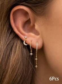rakol 6pcs Set Elegant Shiny Copper-Tone Cubic Zirconia Star & Moon Earrings Set, Gift For Women - Style 1 - View 7