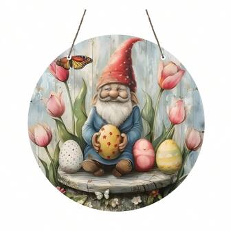 1 件房间装饰复活节小矮人和复活节彩蛋兔子主题木制标志 - 圆形木制复活节彩蛋复古装饰，适用于家庭、厨房、花园和办公室等各种场所 - 理想的节日礼物、有趣的复古海报礼物、复活节装饰品