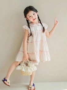 Girls' Summer New Frill Collar Embroidered Loose Dress, Fashion Children Dress - Baby Pink - View 1
