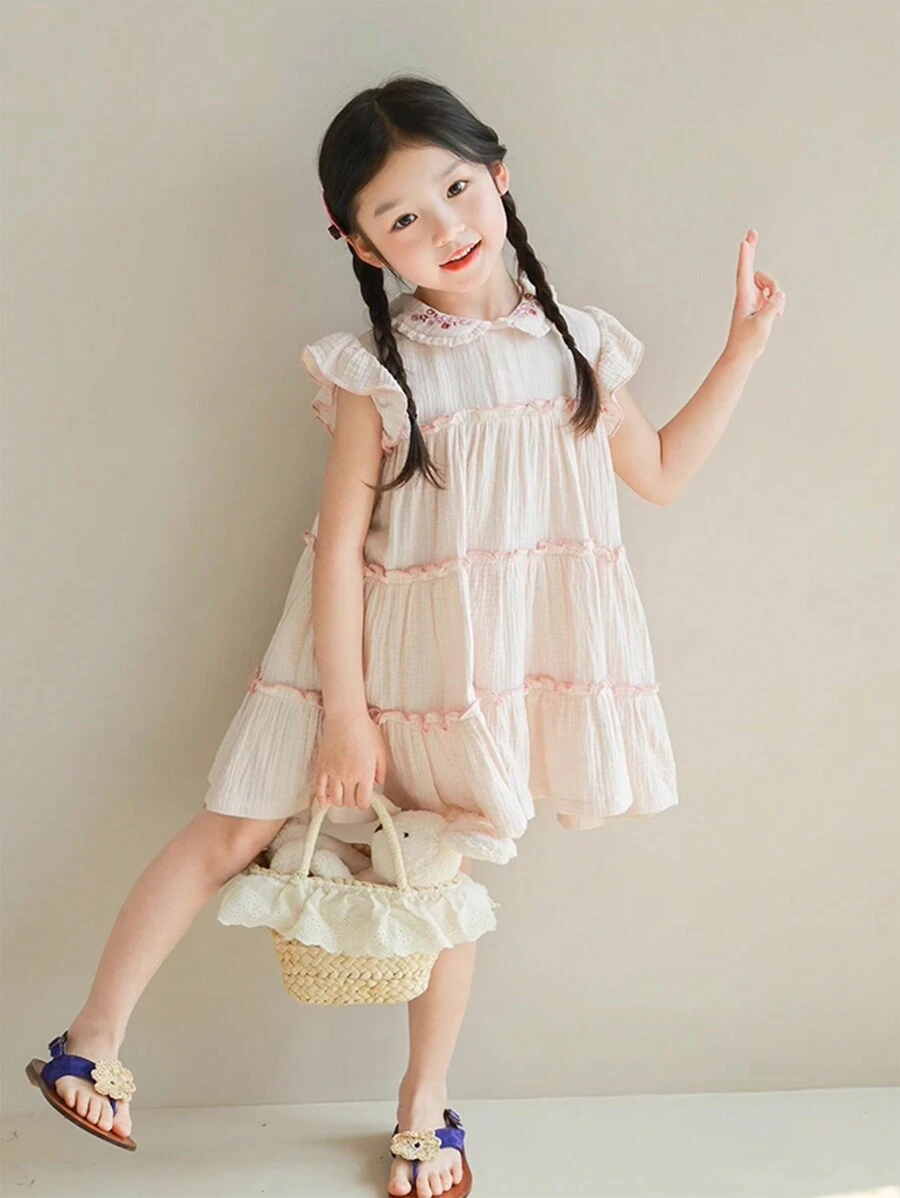 Girls' Summer New Frill Collar Embroidered Loose Dress, Fashion Children Dress - Baby Pink - View 1