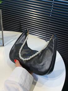 时尚仿珍珠链条新月单肩包，时尚单肩法棍包，手提小包，户外休闲包，百搭通勤包，优雅仿珍珠包 - 黑色 - 查看 3