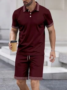 Men's Simple Short Sleeve Polo Shirt And Shorts Set, Business Commute - Burgundy - View 2