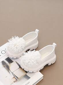 Girls Spring/Autumn Leather Shoes Low-Top Children Shoes Toddler Flat Round Toe Floral Princess Shoes Student Slip-On Casual Middle Child Loafers - White - View 3