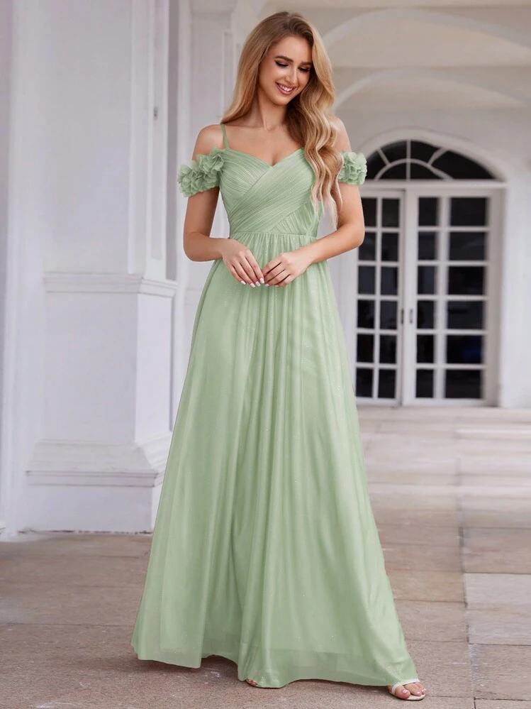 EVERPRETTY Elegant Olive Green 3D Floral Decor Off-Shoulder Strap Bridesmaid  Dress, Suitable For Wedding Guests, Formal And Semi-Formal Occasions,  Summer Holiday Dress Party | SHEIN USA