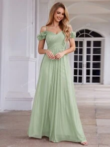 EVER-PRETTY Vestido de dama de honor con hombros descubiertos, diseño sin espalda, color verde salvia, elegante vestido de invitada de boda para la ceremonia nupcial