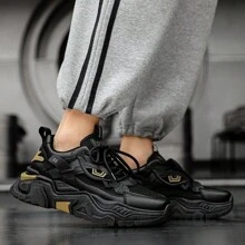 Multi Functional Thick Soled Men's Skateboarding Shoes Sports Shoes, Breathable Mesh Upper And Durable PU/Rubber Sole, Lace Up Casual Sports Shoes With Blue Decoration, Very Suitable For Casual Wear, Versatile Shoe Accessories - 黑色 - 查看 6