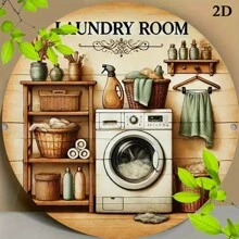 1pc Vintage Laundry Room Metal Wall Art, 7.8x7.8 Inch Round 2D Flat Printed Metal Sign, Durable And Easy To Hang Home, Office, Cafe Decor - Waterproof And Heat-Resistant, Laundry Room Accessory, 2D, Suitable For Room Decor With Pre-Drilled Holes, Random Hole Style