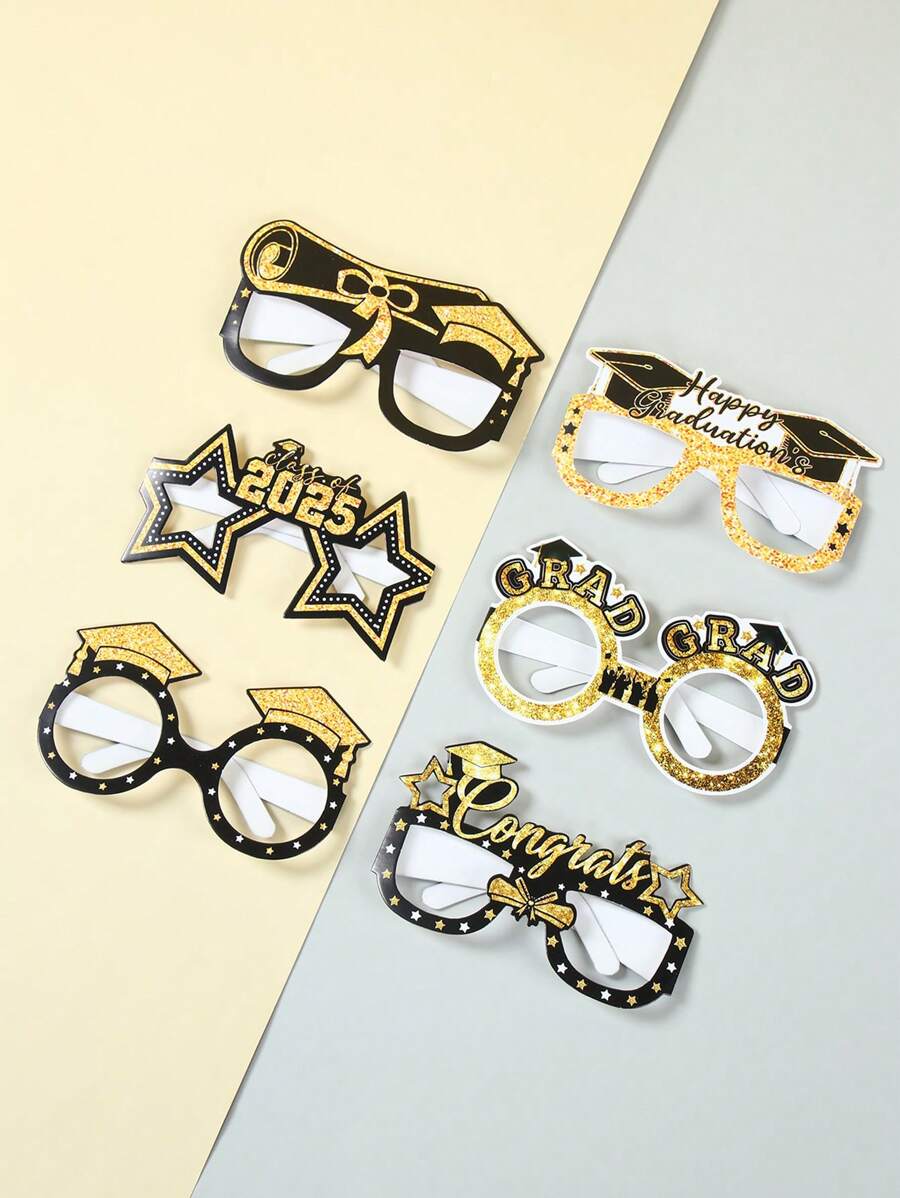 6个毕业派对纸眼镜道具，黑金配色，2025毕业派对拍照道具，2025毕业派对装饰，派对装饰，毕业季派对礼物，毕业配饰，毕业快乐派对用品 - 2025畢業季 - 查看 1