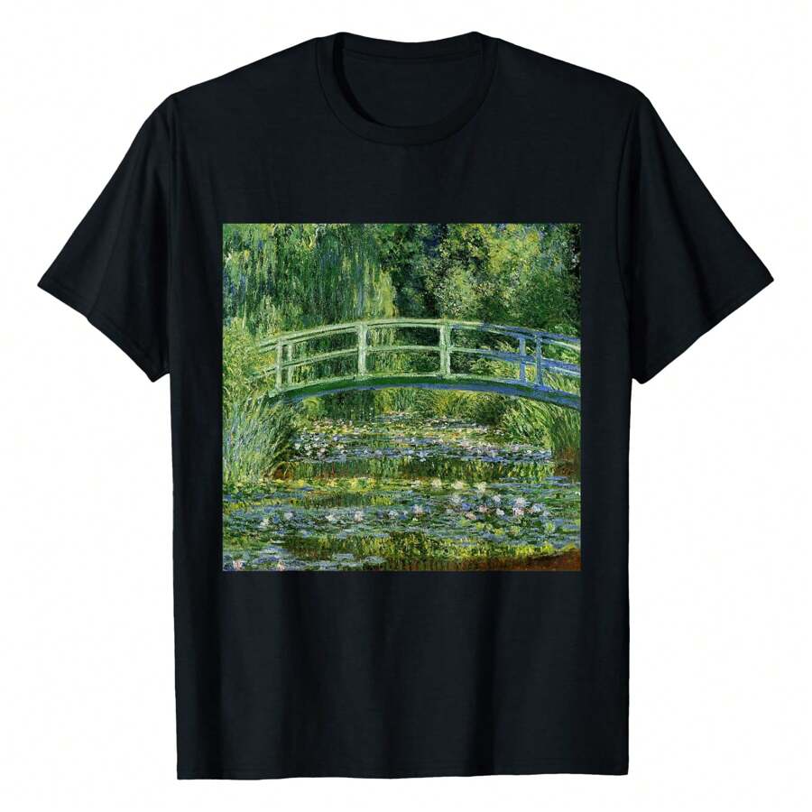 Monets Water Lilies And Japanese Bridge T-Shirt,220g Pure Cotton Single-Sided Printed Round Neck Short Sleeved Shirt.