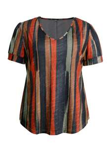 Plus Size Women's Tie-Dye Print V-Neck Short Sleeve Casual T-Shirt, Summer - 彩色 - 查看 2