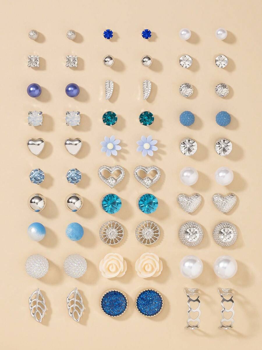 1 Bộ 30 Đôi Hoa Tai Đính Đá Trái Tim Xanh & Ngôi Sao Ngọc Trai Cho Nữ - Bạc - Xem 1