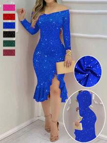 Off Shoulder Long Sleeve Sexy Solid Thigh High Slit Elegant Ruffle Hem Shiny Cocktail Party Dress, Spring/Summer - Blue - View 2