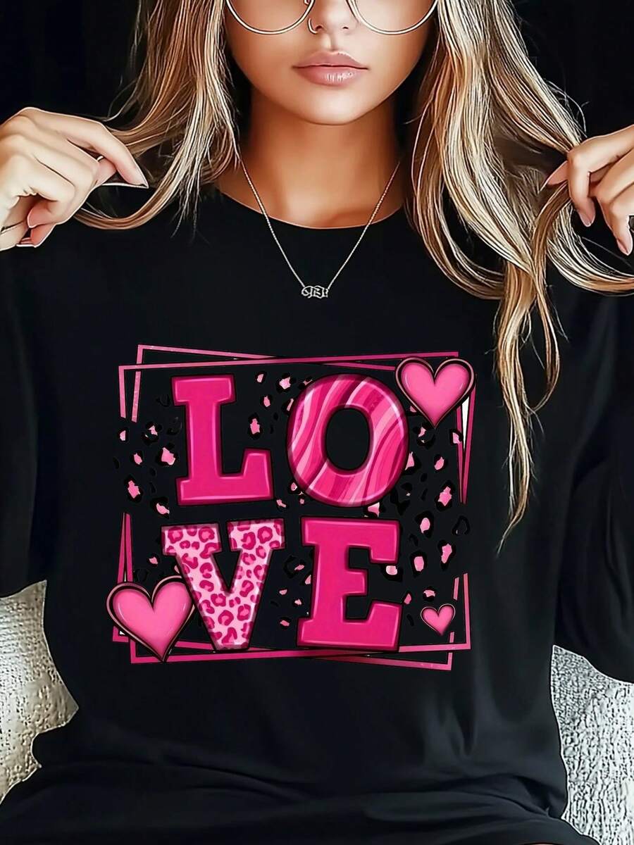 Women's Plus Size T-Shirt  Valentine's Day Love Kawaii Retro Print Fashion Long Sleeve Round-Neck Loose Fit Tee Casual Streetwear - Black - View 1
