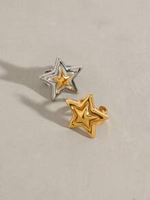 Uworld 1Pc Of Simple And Fashionable Gold And Silver Color Matching Five-Pointed Star Stainless Steel Open Ring 18K Gold-Plated Suitable For Daily Wear Holidays Commuting Parties Etc. - Star - View 5