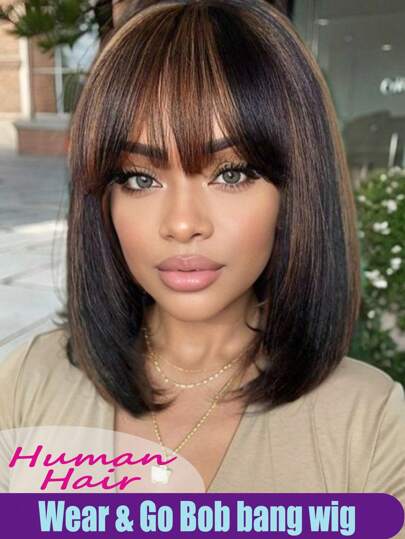 Human Hair Straight Bob Wig With Breathable Bangs - 150% Density, Remy Human Hair Glueless Wigs, No Lace, Highlight Color Perfect For All Women