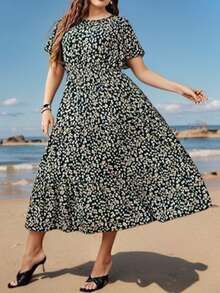 Plus Size Floral Print Short Sleeve Round Neck Casual Dress - Green - View 3