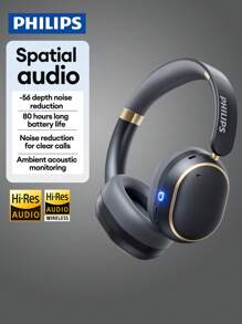 PHILIPS Casque Bluetooth à réduction de bruit active PHILIPS TAH6519, longue autonomie de la batterie, grande unité de commande, son surround, audio haute résolution, appel intelligent IA, faible latence pour le jeu, les sports, les affaires, la mode, pliable, casque sans fil supra-auriculaire