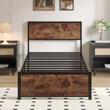 VECELO Single/Double Size Bed Frame With Wood Storage Shelf Headboard And Footboard, Metal Slates Support, No Box Spring Needed - 棕色 - 查看 9