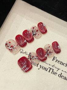 10Pcs Glossy Red Cat Eyes Short Press On Nails With Natural And Smooth Edge Nails For Shopping Traveling Dating Nail Supplies Nails