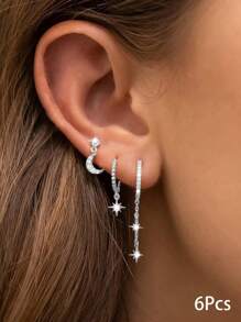 rakol 6pcs Set Elegant Shiny Copper-Tone Cubic Zirconia Star & Moon Earrings Set, Gift For Women - Style 1 - View 9