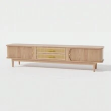 Modern TV Stand For TVs Up To 70 Inches, Entertainment Center With Rattan Door, 2 Drawers And Cabinets, Wood TV Storage Cabinet With Solid Wood Legs And Metal Handles For Living Room,Modern TV Console Table, TV Media Console, Living Room Furniture, Low Profile TV Stand Entertainment Center With Sliding Door, Drawer, Storage Shelves, Mid Century Modern Media TV Console - tự nhiên - Xem 8