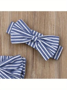 Vintaside Kids 2 piezas/set Enterizo rayado elegante y adorable con moño y diadema para fiesta de verano de niñas bebés - Azul - Ver 4