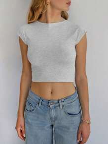Women Cute Crop T-Shirts Casual Summer Solid Color Tie Up Backless Basic Cap Sleeve Tops For Streetwear - 灰色 - 查看 4