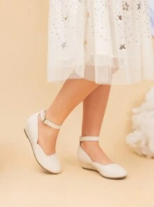 Girls Wedding Shoes | Dress Flats With Low Wedge Heel & Flower Ankle Strap For Toddler To Big Kid - Màu be - Xem 2